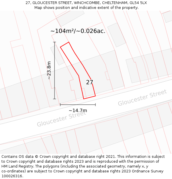 27, GLOUCESTER STREET, WINCHCOMBE, CHELTENHAM, GL54 5LX: Plot and title map