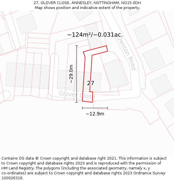 27, GLOVER CLOSE, ANNESLEY, NOTTINGHAM, NG15 0DH: Plot and title map