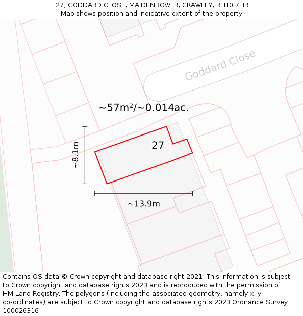 27, GODDARD CLOSE, MAIDENBOWER, CRAWLEY, RH10 7HR: Plot and title map