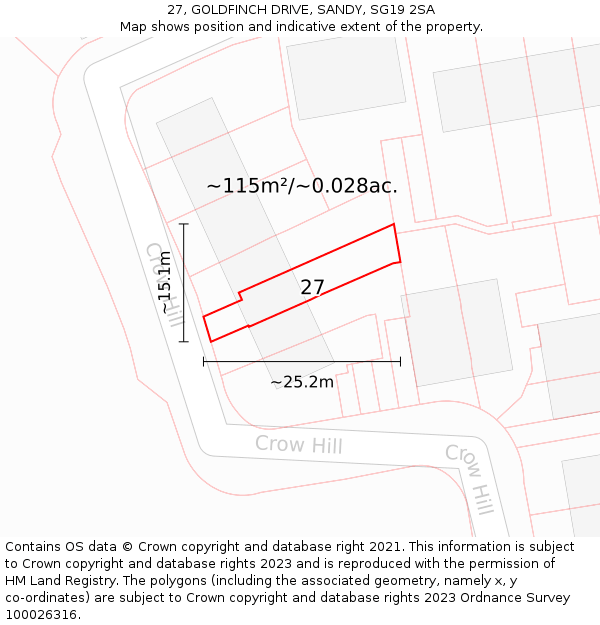 27, GOLDFINCH DRIVE, SANDY, SG19 2SA: Plot and title map