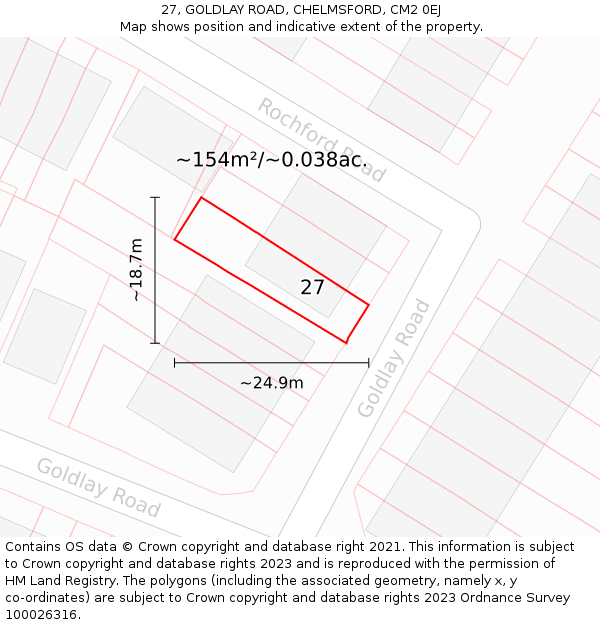 27, GOLDLAY ROAD, CHELMSFORD, CM2 0EJ: Plot and title map