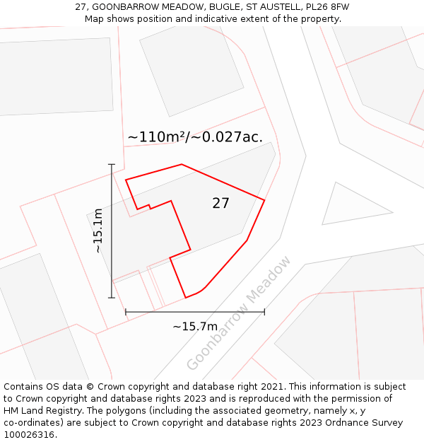27, GOONBARROW MEADOW, BUGLE, ST AUSTELL, PL26 8FW: Plot and title map