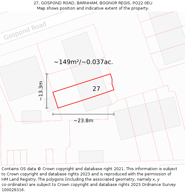 27, GOSPOND ROAD, BARNHAM, BOGNOR REGIS, PO22 0EU: Plot and title map