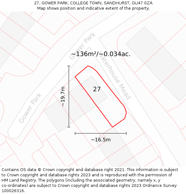 27, GOWER PARK, COLLEGE TOWN, SANDHURST, GU47 0ZA: Plot and title map