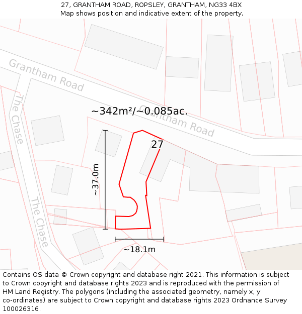 27, GRANTHAM ROAD, ROPSLEY, GRANTHAM, NG33 4BX: Plot and title map