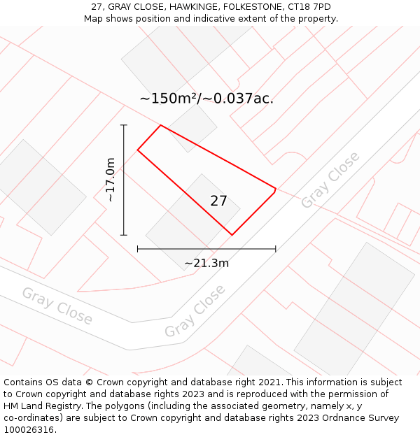 27, GRAY CLOSE, HAWKINGE, FOLKESTONE, CT18 7PD: Plot and title map