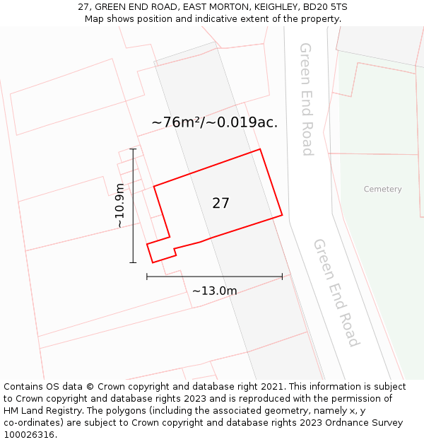 27, GREEN END ROAD, EAST MORTON, KEIGHLEY, BD20 5TS: Plot and title map
