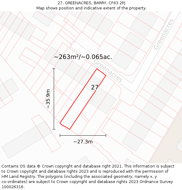 27, GREENACRES, BARRY, CF63 2PJ: Plot and title map