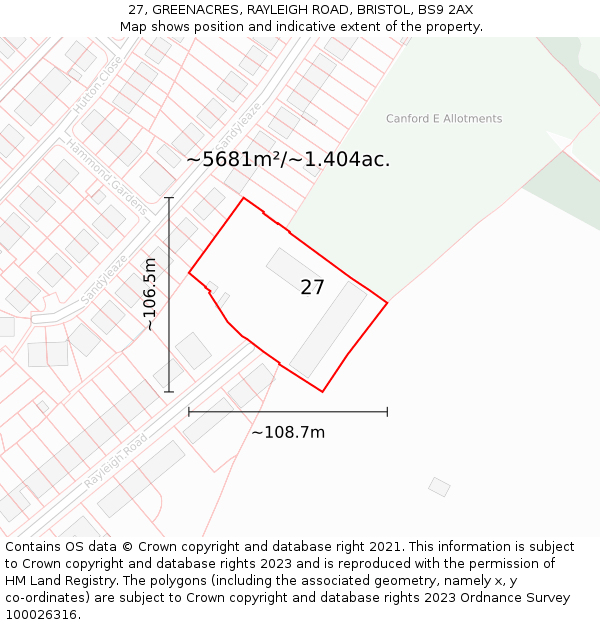 27, GREENACRES, RAYLEIGH ROAD, BRISTOL, BS9 2AX: Plot and title map