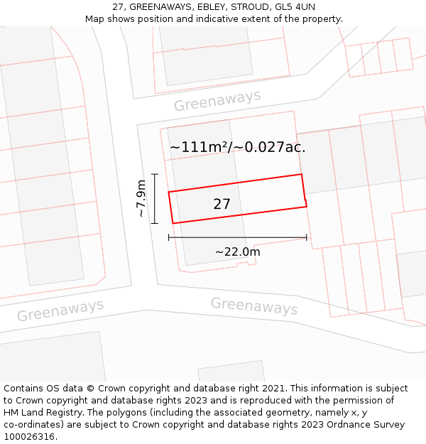 27, GREENAWAYS, EBLEY, STROUD, GL5 4UN: Plot and title map