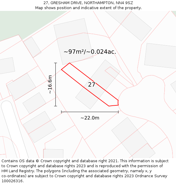 27, GRESHAM DRIVE, NORTHAMPTON, NN4 9SZ: Plot and title map