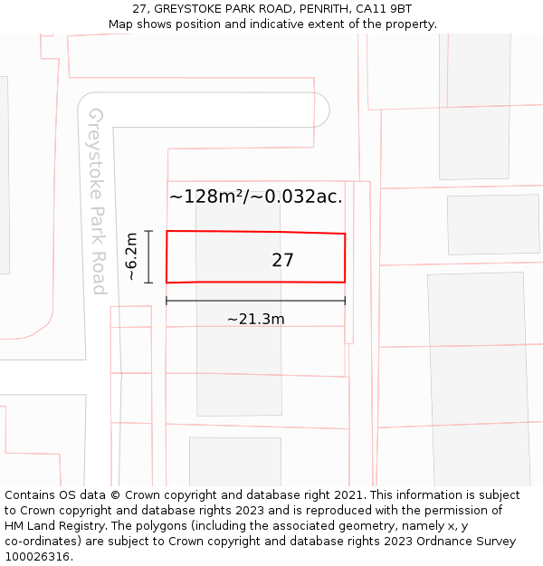 27, GREYSTOKE PARK ROAD, PENRITH, CA11 9BT: Plot and title map