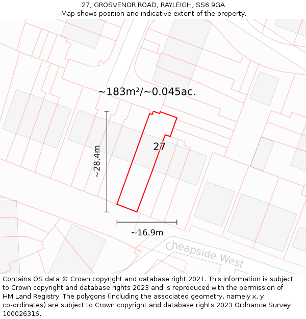 27, GROSVENOR ROAD, RAYLEIGH, SS6 9GA: Plot and title map