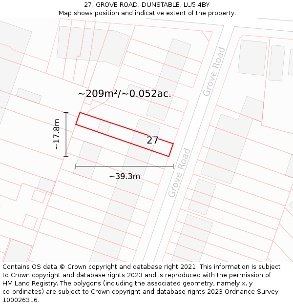 27, GROVE ROAD, DUNSTABLE, LU5 4BY: Plot and title map