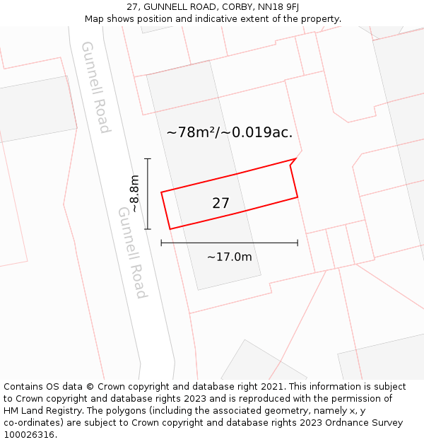 27, GUNNELL ROAD, CORBY, NN18 9FJ: Plot and title map