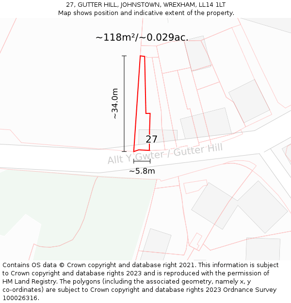 27, GUTTER HILL, JOHNSTOWN, WREXHAM, LL14 1LT: Plot and title map