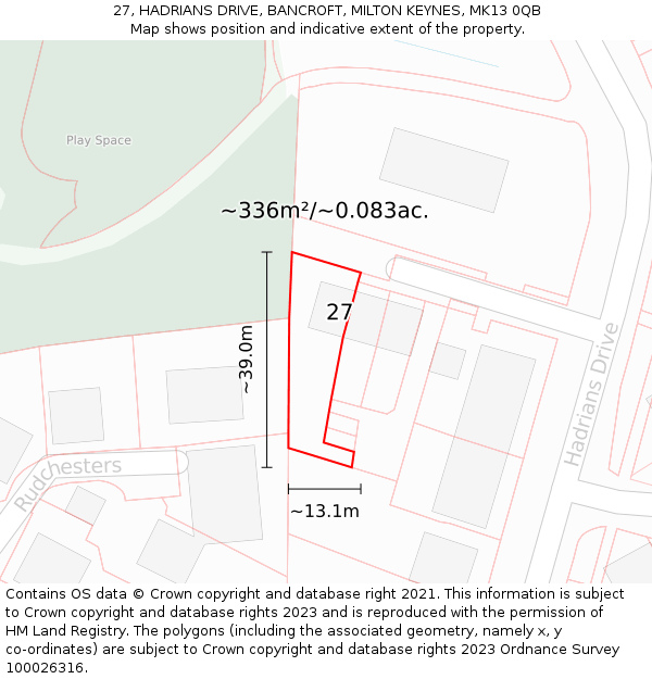 27, HADRIANS DRIVE, BANCROFT, MILTON KEYNES, MK13 0QB: Plot and title map