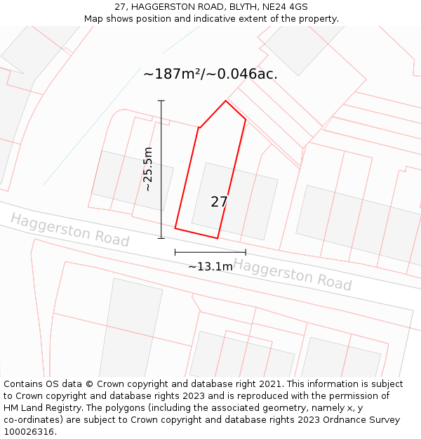 27, HAGGERSTON ROAD, BLYTH, NE24 4GS: Plot and title map