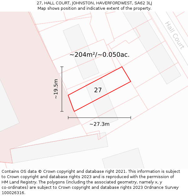 27, HALL COURT, JOHNSTON, HAVERFORDWEST, SA62 3LJ: Plot and title map