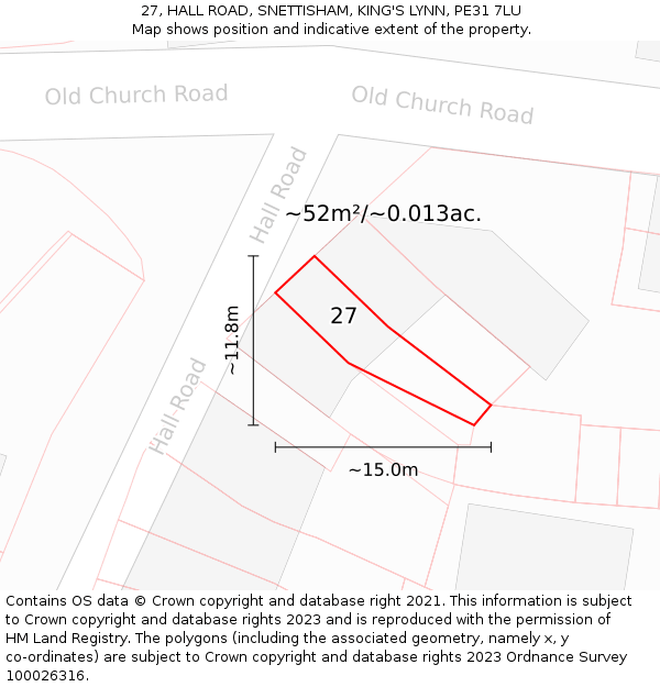 27, HALL ROAD, SNETTISHAM, KING'S LYNN, PE31 7LU: Plot and title map