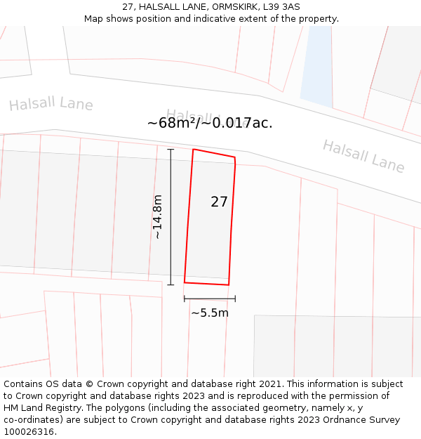27, HALSALL LANE, ORMSKIRK, L39 3AS: Plot and title map