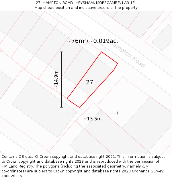 27, HAMPTON ROAD, HEYSHAM, MORECAMBE, LA3 1EL: Plot and title map