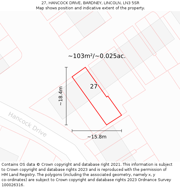 27, HANCOCK DRIVE, BARDNEY, LINCOLN, LN3 5SR: Plot and title map