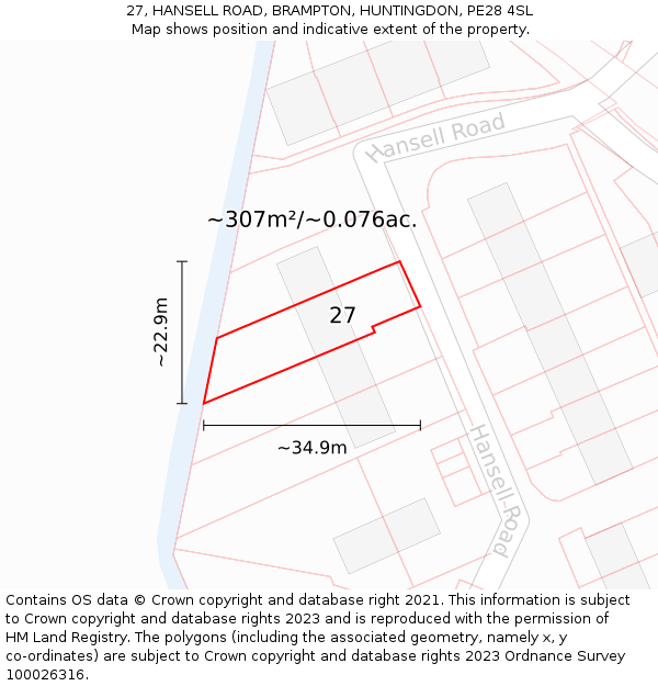 27, HANSELL ROAD, BRAMPTON, HUNTINGDON, PE28 4SL: Plot and title map