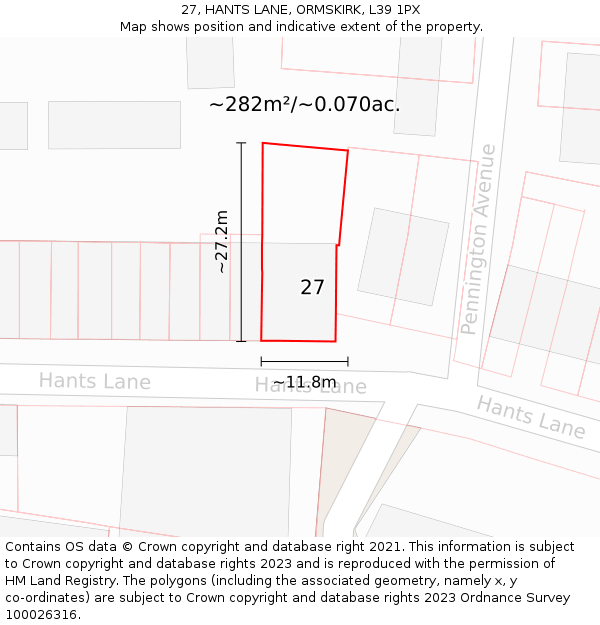 27, HANTS LANE, ORMSKIRK, L39 1PX: Plot and title map