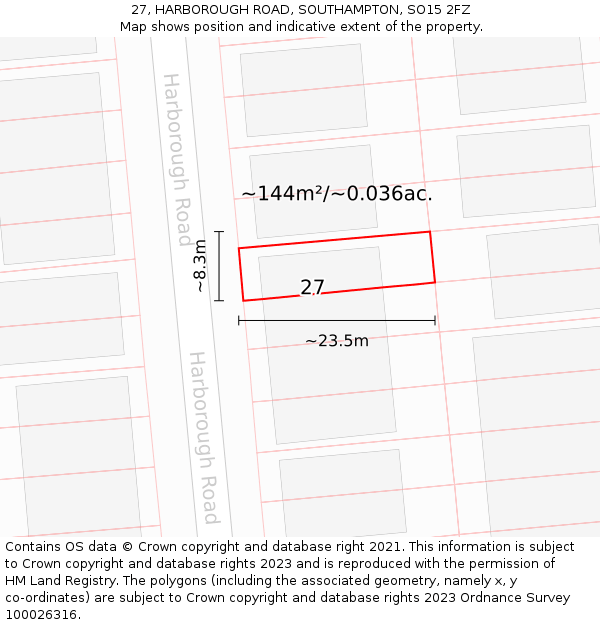 27, HARBOROUGH ROAD, SOUTHAMPTON, SO15 2FZ: Plot and title map