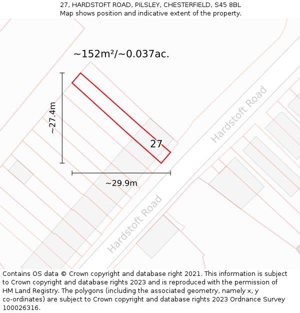 27, HARDSTOFT ROAD, PILSLEY, CHESTERFIELD, S45 8BL: Plot and title map
