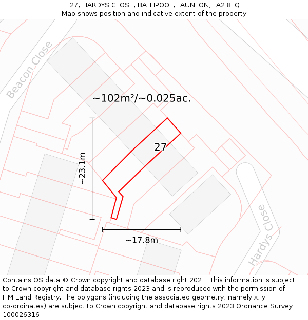 27, HARDYS CLOSE, BATHPOOL, TAUNTON, TA2 8FQ: Plot and title map