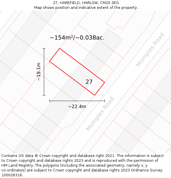27, HAREFIELD, HARLOW, CM20 3EG: Plot and title map