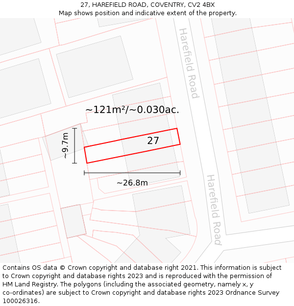 27, HAREFIELD ROAD, COVENTRY, CV2 4BX: Plot and title map