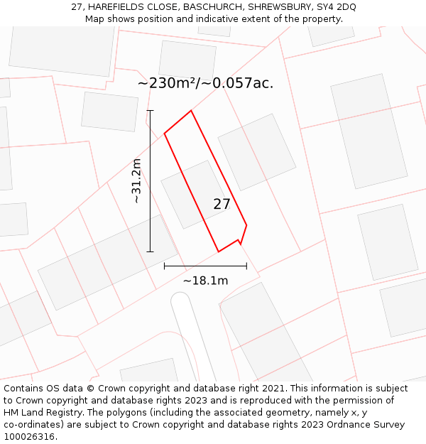 27, HAREFIELDS CLOSE, BASCHURCH, SHREWSBURY, SY4 2DQ: Plot and title map