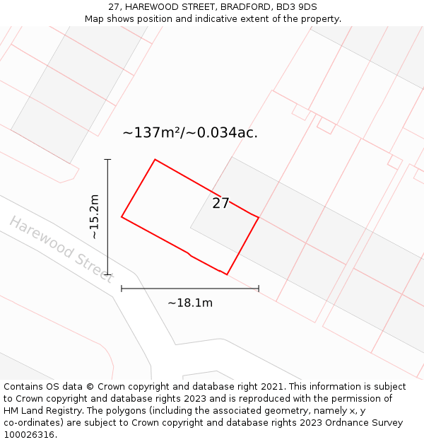 27, HAREWOOD STREET, BRADFORD, BD3 9DS: Plot and title map