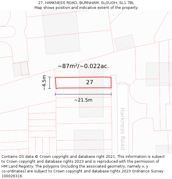 27, HARKNESS ROAD, BURNHAM, SLOUGH, SL1 7BL: Plot and title map