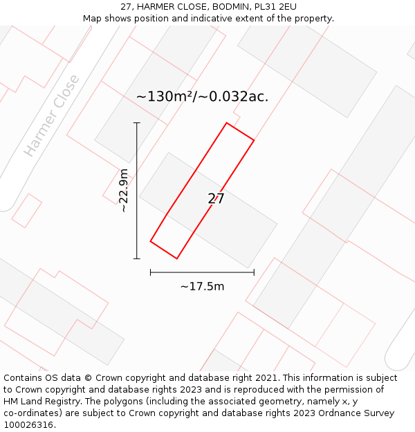 27, HARMER CLOSE, BODMIN, PL31 2EU: Plot and title map