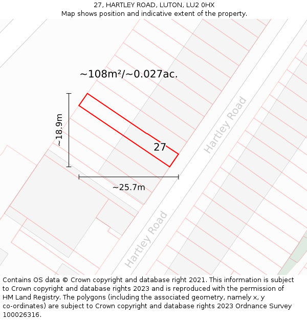 27, HARTLEY ROAD, LUTON, LU2 0HX: Plot and title map