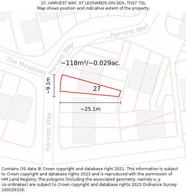 27, HARVEST WAY, ST LEONARDS-ON-SEA, TN37 7SL: Plot and title map