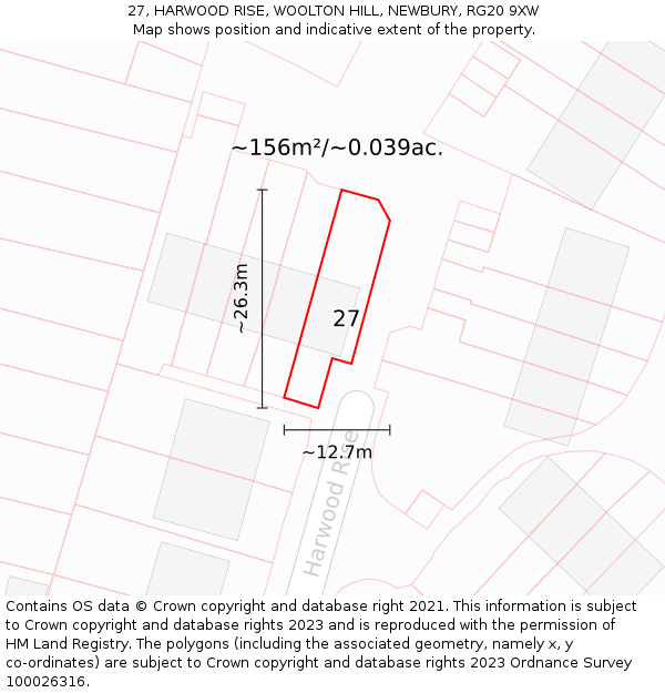 27, HARWOOD RISE, WOOLTON HILL, NEWBURY, RG20 9XW: Plot and title map