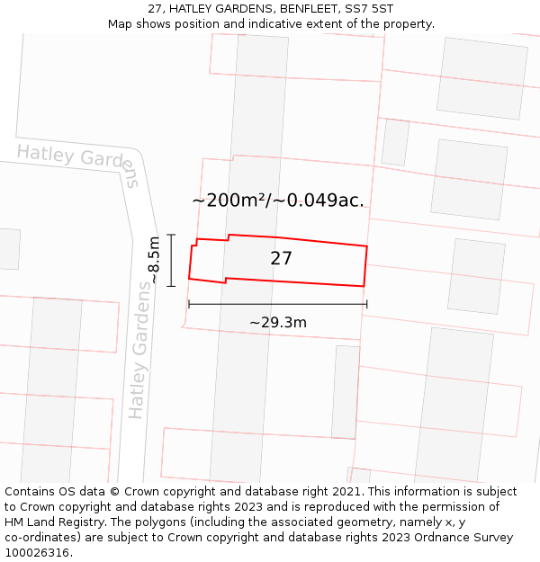 27, HATLEY GARDENS, BENFLEET, SS7 5ST: Plot and title map