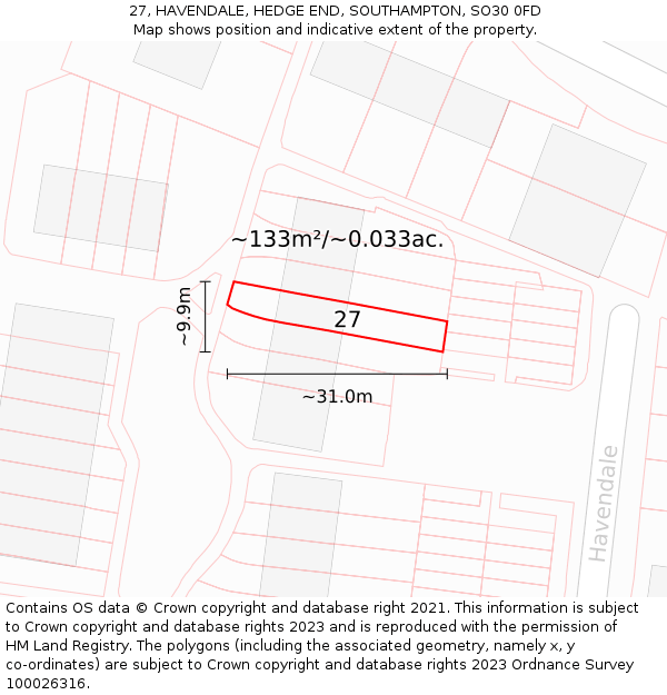 27, HAVENDALE, HEDGE END, SOUTHAMPTON, SO30 0FD: Plot and title map