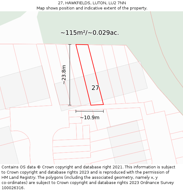 27, HAWKFIELDS, LUTON, LU2 7NN: Plot and title map