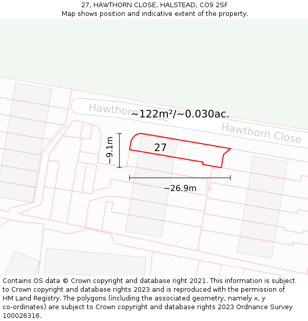 27, HAWTHORN CLOSE, HALSTEAD, CO9 2SF: Plot and title map