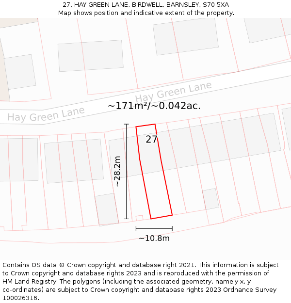 27, HAY GREEN LANE, BIRDWELL, BARNSLEY, S70 5XA: Plot and title map