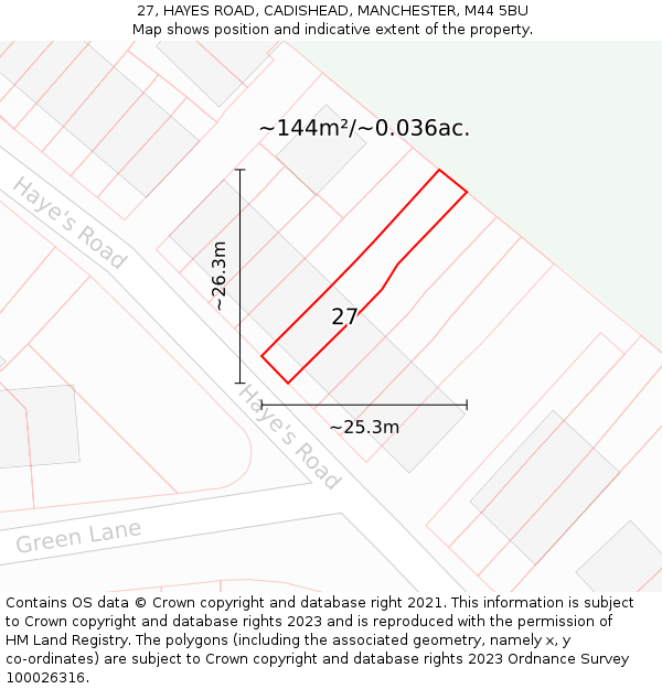 27, HAYES ROAD, CADISHEAD, MANCHESTER, M44 5BU: Plot and title map