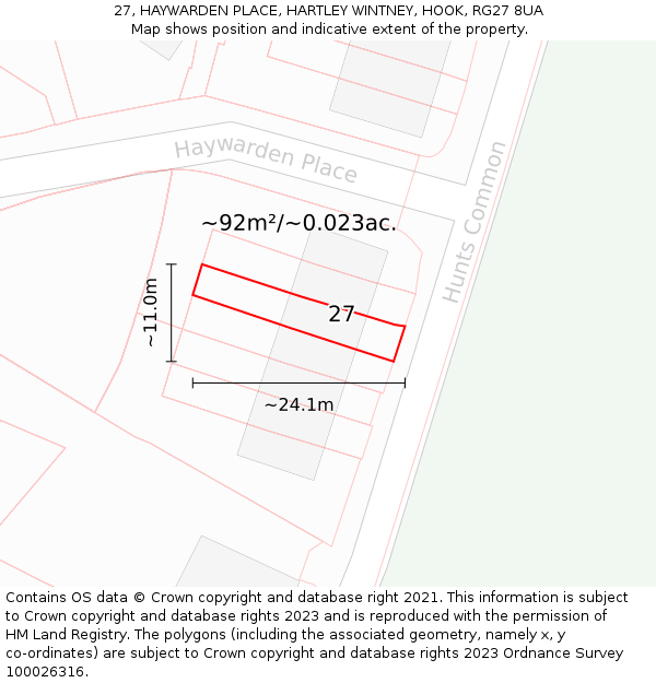 27, HAYWARDEN PLACE, HARTLEY WINTNEY, HOOK, RG27 8UA: Plot and title map