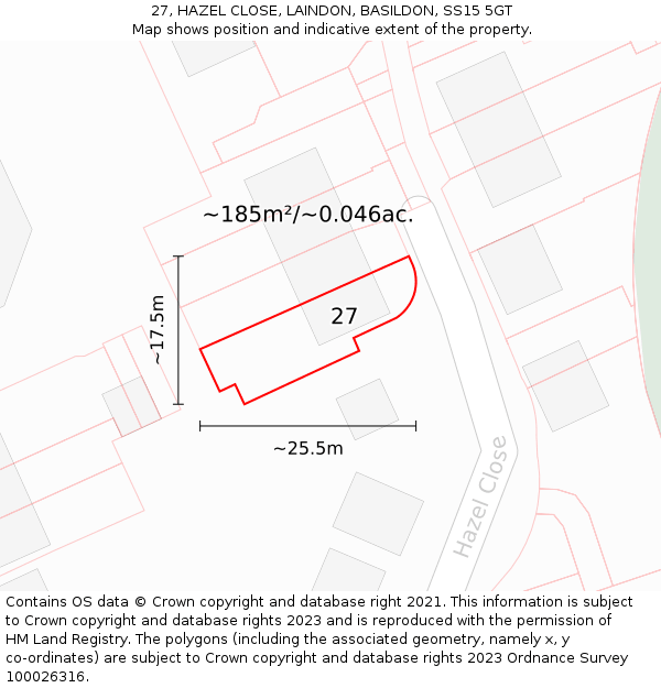 27, HAZEL CLOSE, LAINDON, BASILDON, SS15 5GT: Plot and title map