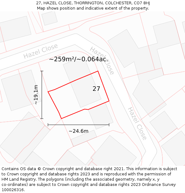 27, HAZEL CLOSE, THORRINGTON, COLCHESTER, CO7 8HJ: Plot and title map